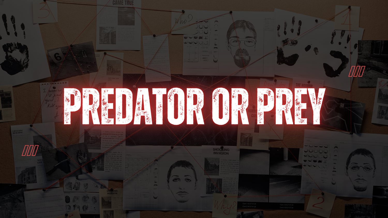 The Predator or Prey, the best-selling puzzle game from Enigma Emporium, is featured on a board that presents clues to help players solve recent criminal cases.