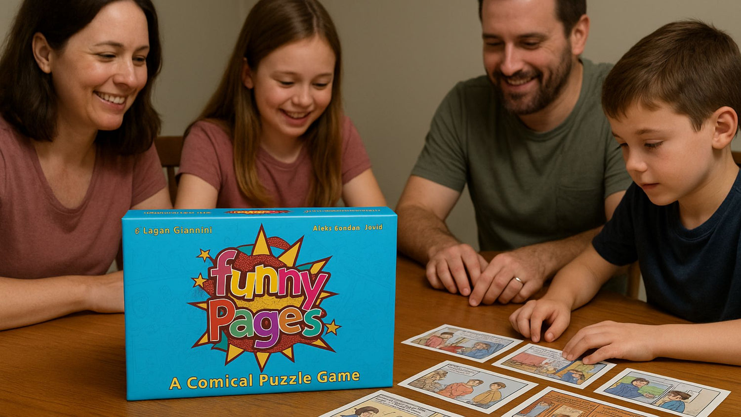 A family of four, mother, father, daughter, and young son sits around a wooden table, smiling and engaged while playing a board game called