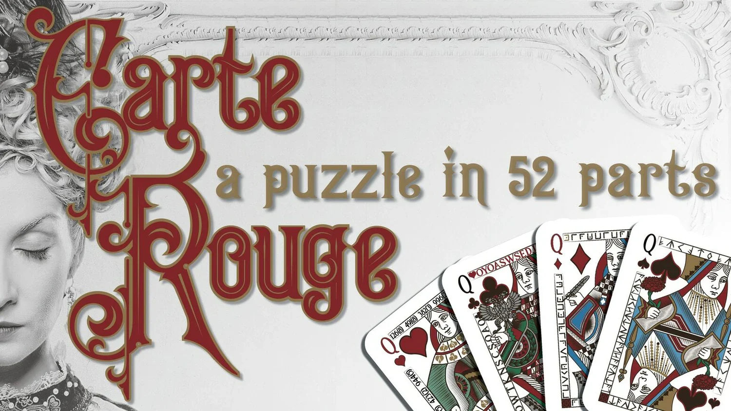A few cards from a deck of cards are shown in a mysterious background to show the carte rouge is the Fan Favorite Postcard Puzzle Game of 2024 from the Enigma Emporium 
